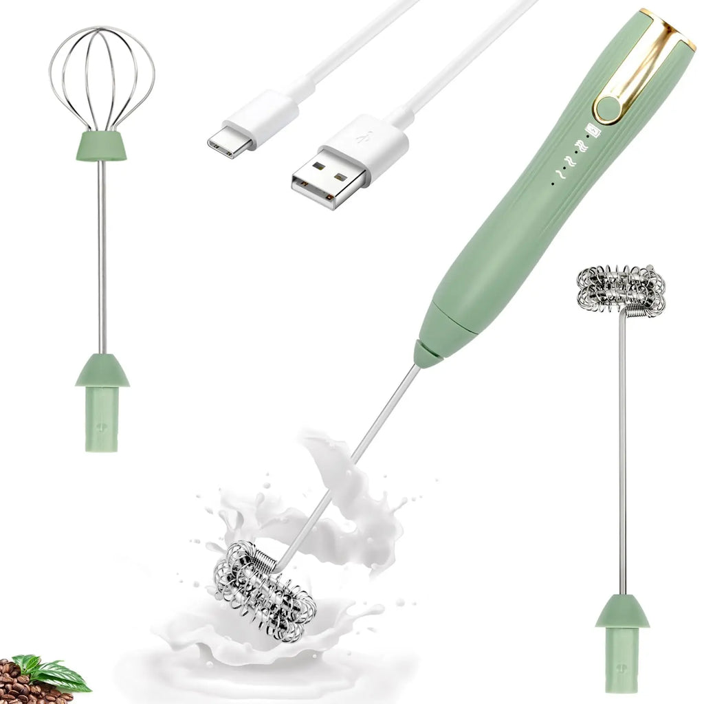 Rechargeable Electric Milk Frother 3 Speed Handheld Whisk with Dual Stainless Steel Heads and Stand – White