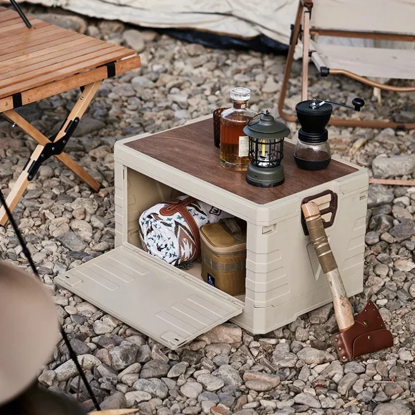 55L Foldable Camping Storage Box Portable Car Organizer with Wooden Lid and Carry Handles