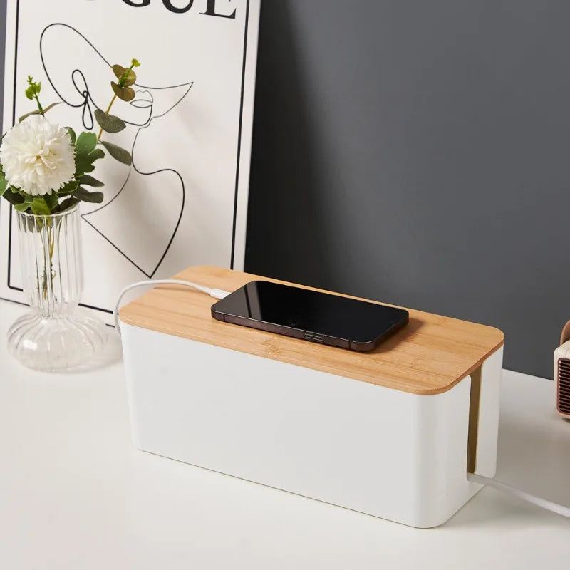 Cable Management Box Bamboo Cover Cord Organiser Power Board Storage - Large