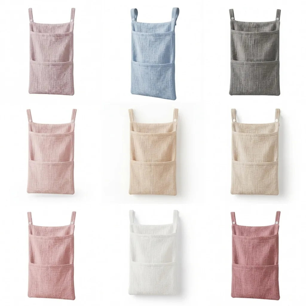Cotton Diaper Storage Bag 2 Layer Bedside Hanging Pouch Stroller Organizer - White
