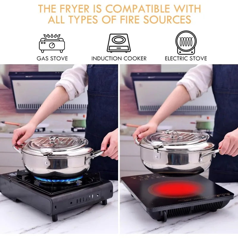 Deep Fryer 37 cm Stainless Steel Pot with Thermometer and Oil Draining Rack - Large