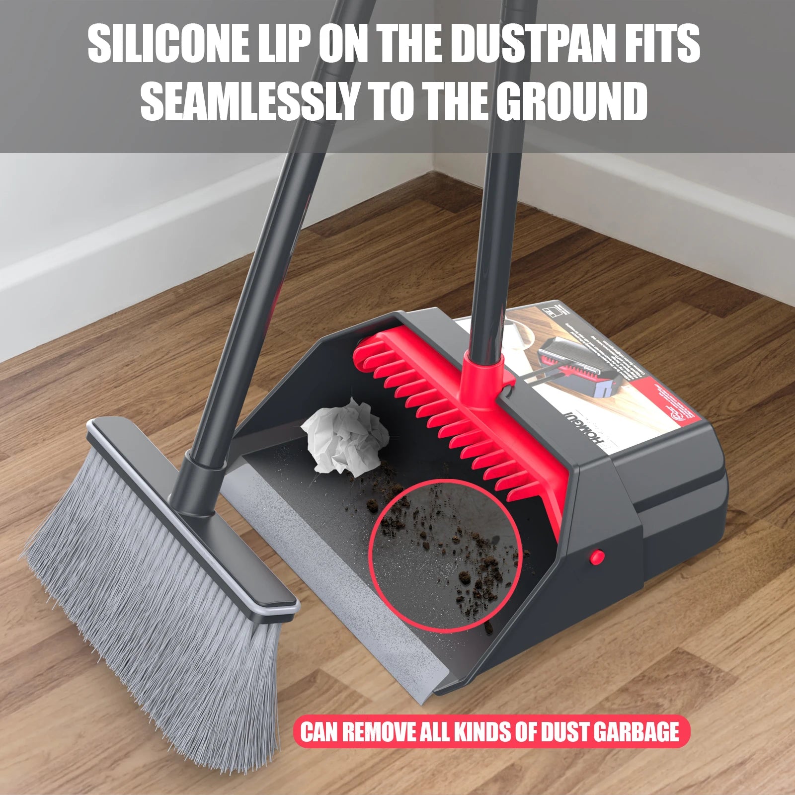 Broom and Dustpan Set Long Handle Adjustable Folding Upright Cleaning Tool - Red