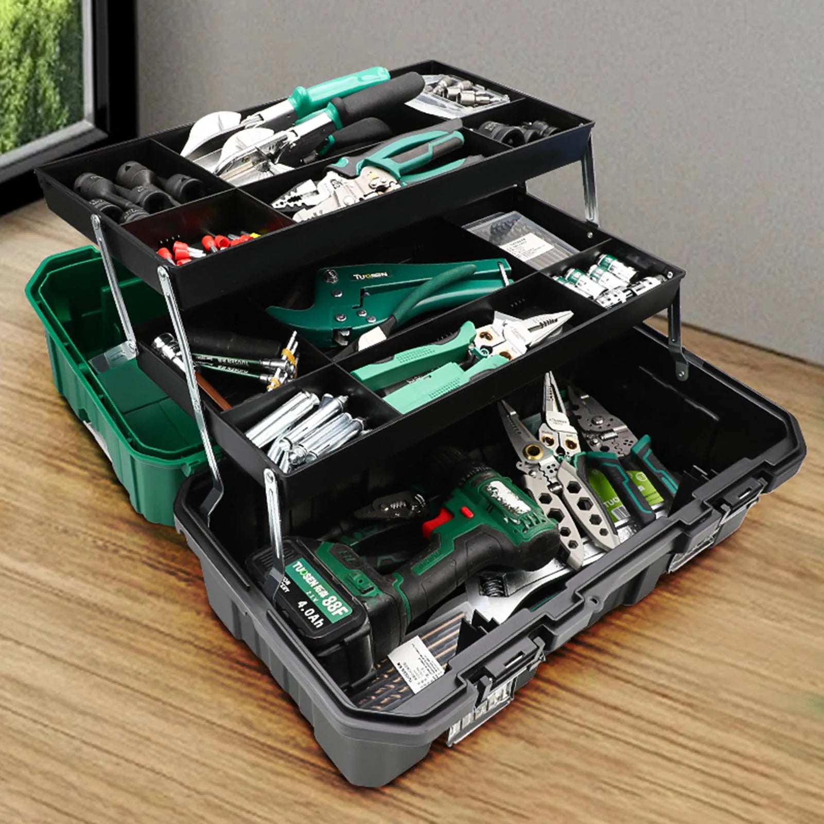 Portable Heavy Duty Triple Folding Tool Storage Case 42 cm Plastic Organizer Toolbox