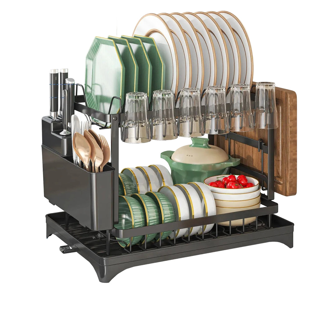 2-Tier Stainless Steel Dish Rack – Hygienic & Residue-Free Drying – Premium Carbon Steel Kitchen Organizer – Space-Saving Black