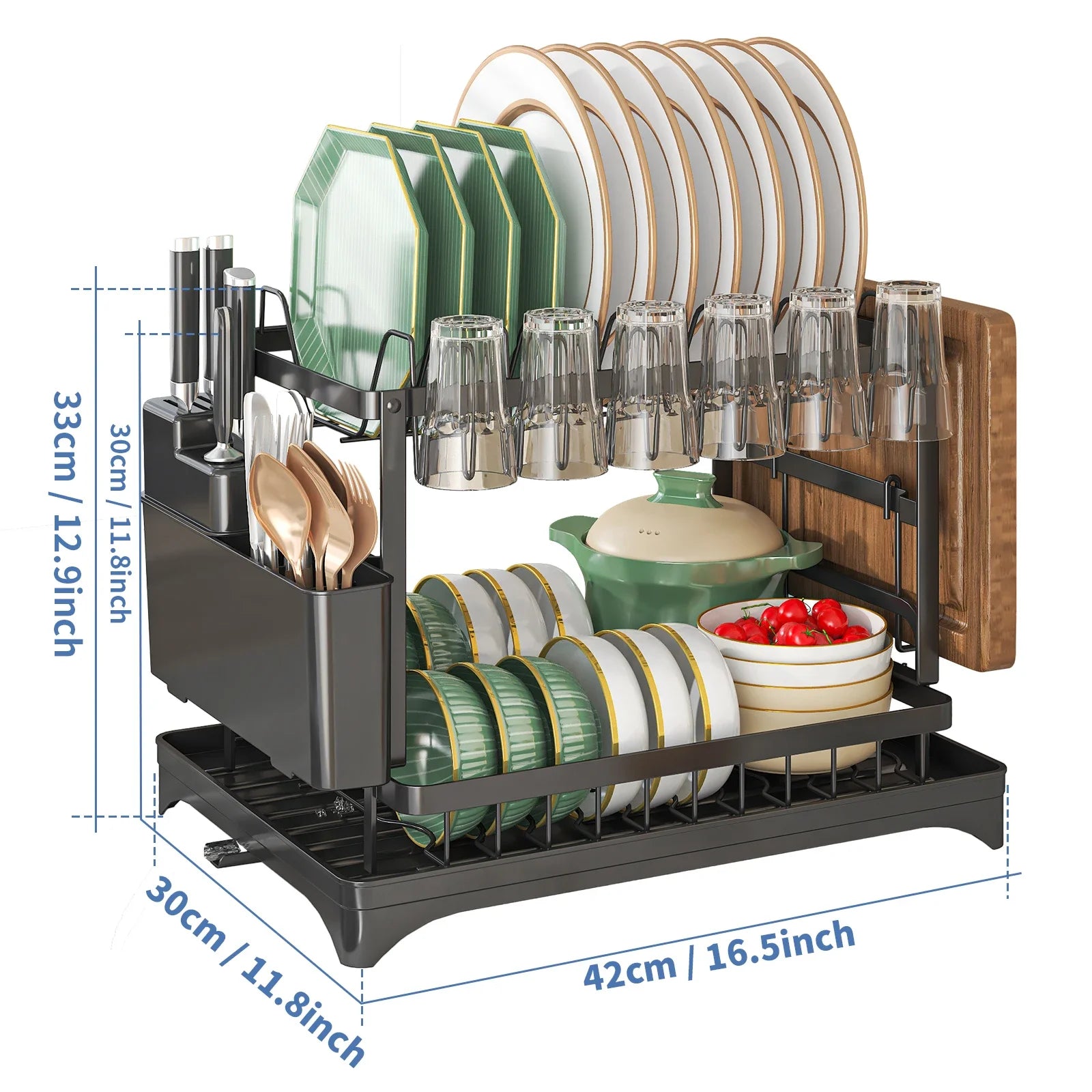 2-Tier Stainless Steel Dish Rack – Hygienic & Residue-Free Drying – Premium Carbon Steel Kitchen Organizer – Space-Saving Black