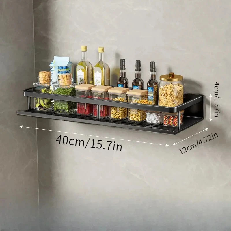 Wall Mounted Aluminum Kitchen Spice Rack with Hook Bar Storage Shelf Organizer – 40cm