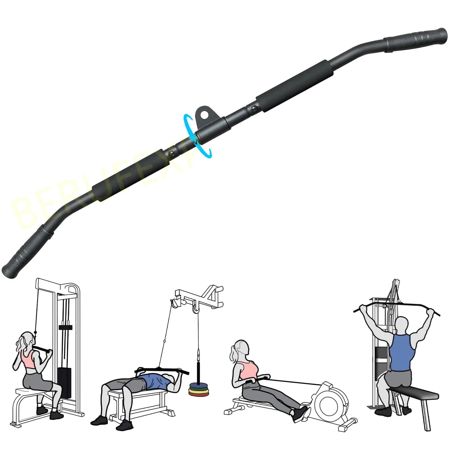 Lat Pull Down Bar 100 cm Detachable Steel Cable Attachment with 360 Swivel for Strength Training - Black