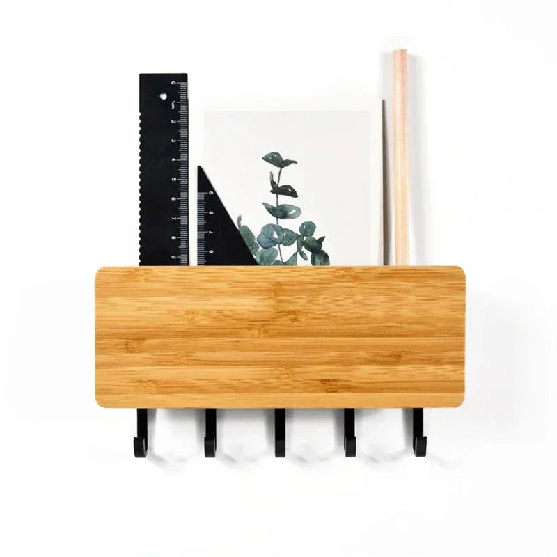 Wall Mounted Bamboo Key Holder Rack with 6 Hidden Hooks Entryway Organiser – White