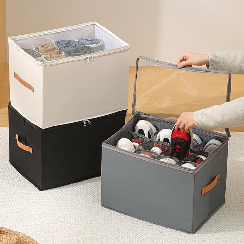 Shoe Storage Box Foldable Clear Cover with Adjustable Dividers - Grey