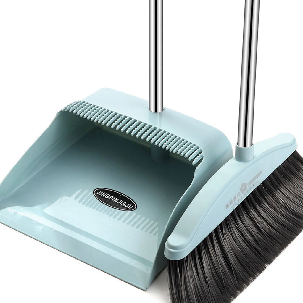 Broom and Dustpan Set Long Handle Folding Dustpan Stand-Up Storage Cleaning Tool Blue
