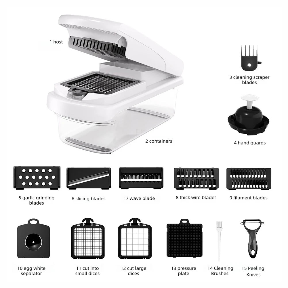 Vegetable Chopper 15 in 1 Multifunction Food Cutter with 8 Interchangeable Blades Container – Black