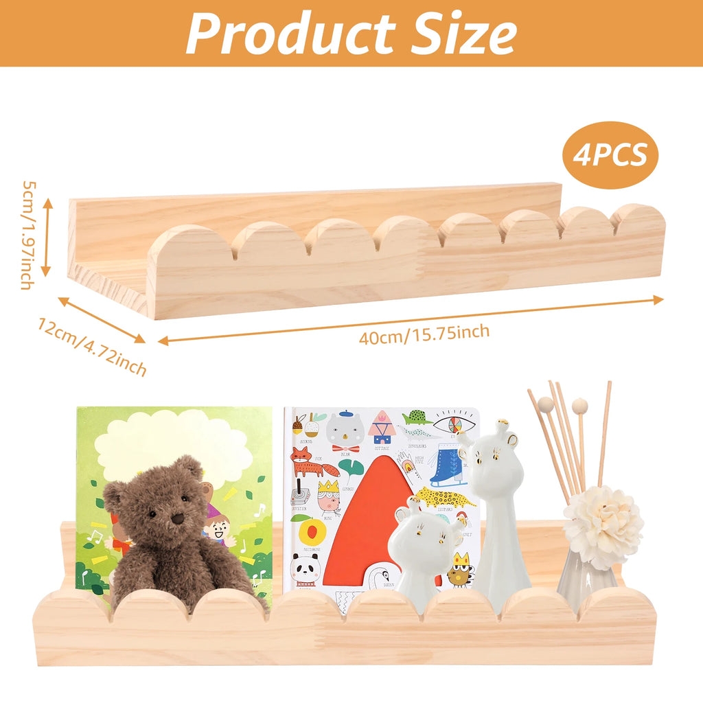 Wood Floating Wall Shelf Set with Scalloped Edge and Hooks – 3 Pieces