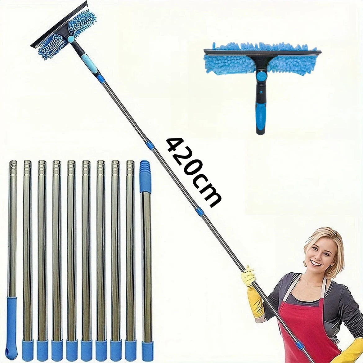 Window Cleaning Kit Extendable 2 in 1 Squeegee Mop 420cm Adjustable Pole with Microfiber Head - Blue