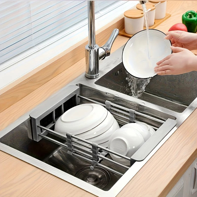 2025 Stainless Steel Extendable Sink Drying Rack – Adjustable Kitchen Drain Basket for Dish/Fruit Organizing Storage Tool - Small