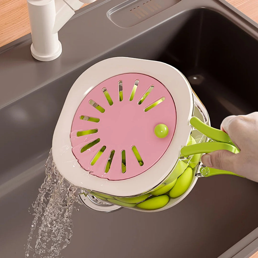 2 Layer Kitchen Colander and Fruit Strainer with Lid Multifunctional Vegetable Washing Bowl with Handle – Pink