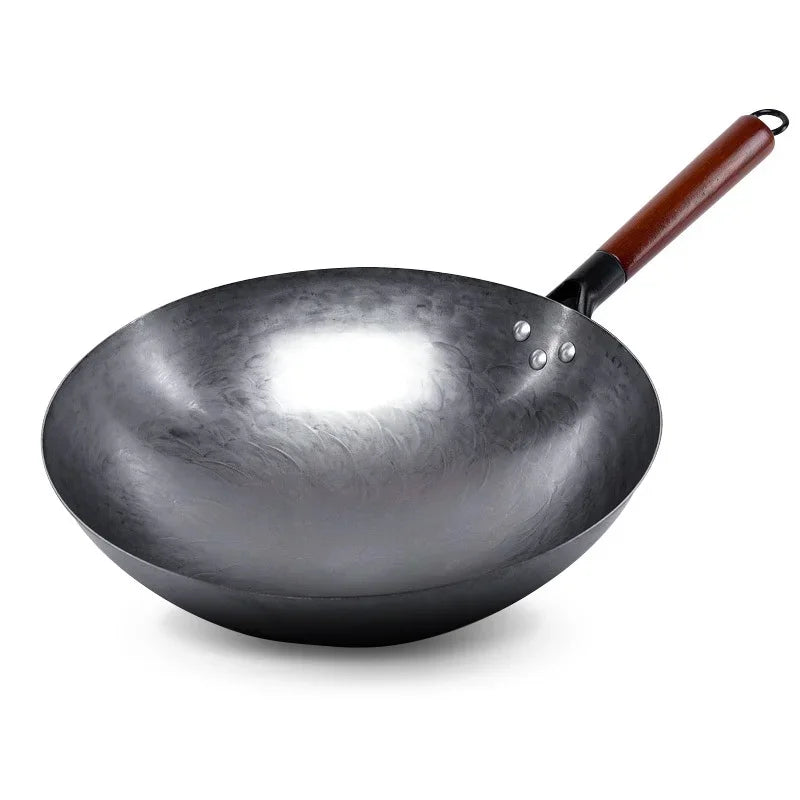Hand Hammered Carbon Steel Wok 32cm Non-Coated Stir Fry Pan with Wooden Handle