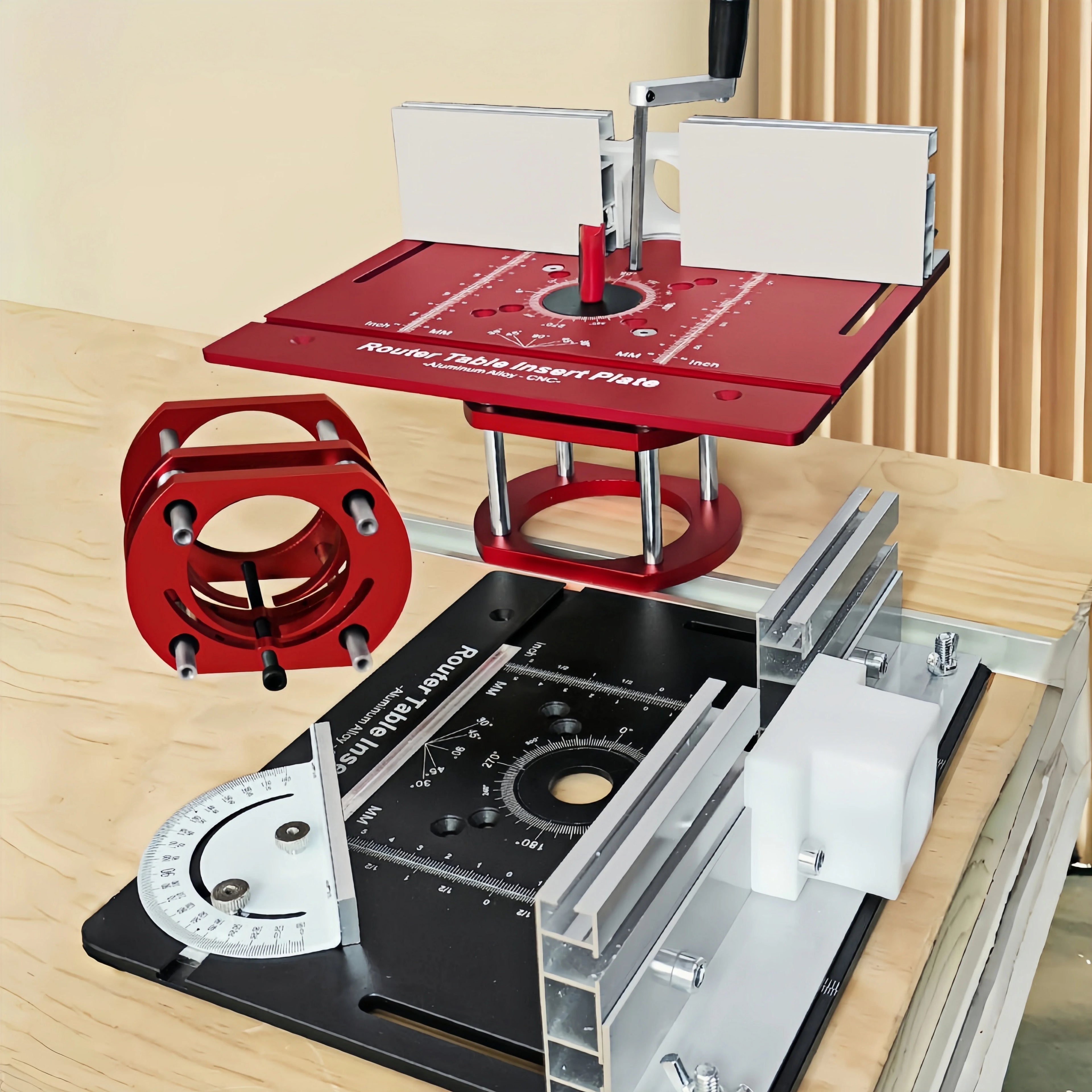 Router Table Insert Plate Set with Lift Base for Woodworking Trimming Slotting and Chamfering Red