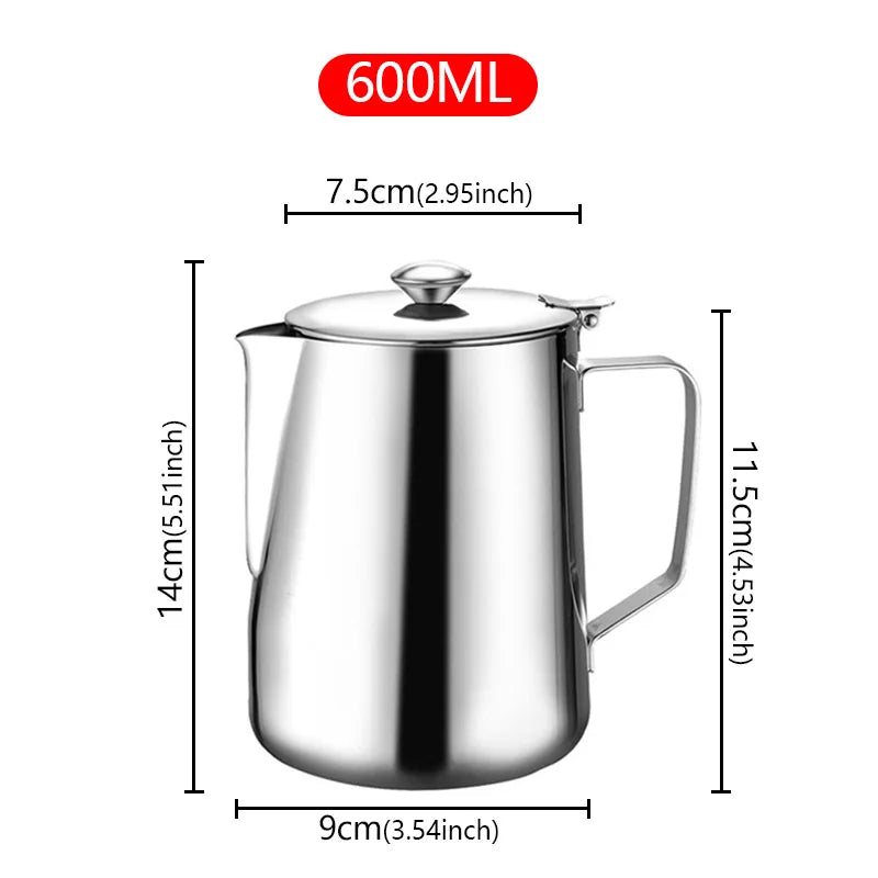 Stainless Steel Milk Frothing Pitcher 600ml with Lid Long Spout Coffee Pouring Kettle