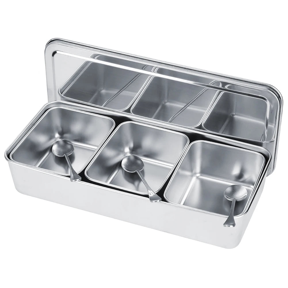 Seasoning Box 3 Grid 630mL Stainless Steel Spice Storage Container Set with Lid and Spoons - Silver