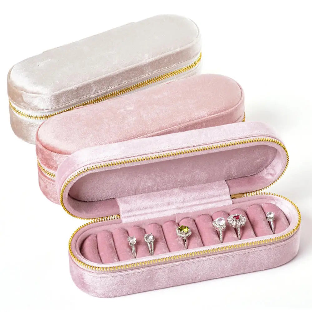 Jewellery Storage Box Portable Velvet Flip Top Organiser with Zip Closure - Blue
