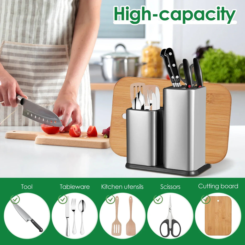 Knife and Utensil Holder 22 cm Stainless Steel Countertop Cutlery Organiser with Removable Sections