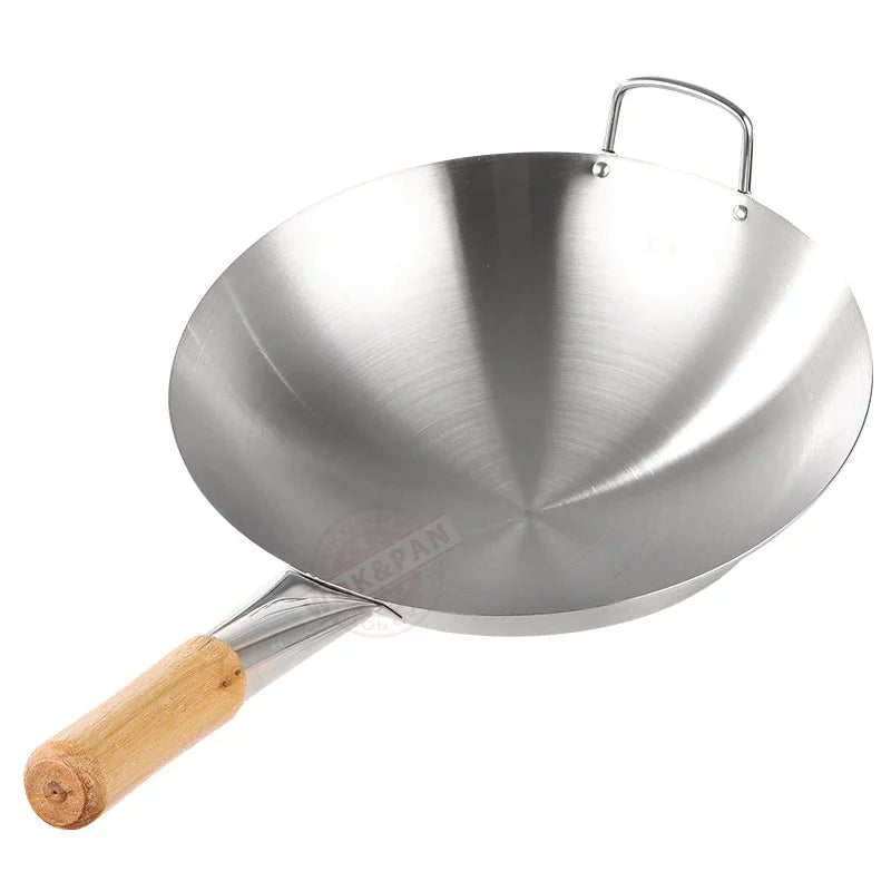 Wok 32cm Stainless Steel Round Bottom Chef Cooking Pan Beech Handle – Silver