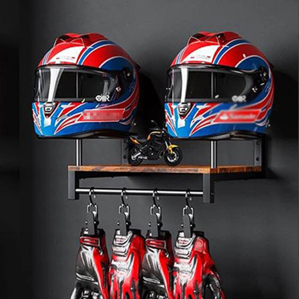 Motorcycle Helmet Wall Mount Wooden Shelf with Adjustable Hooks Storage Rack - Black