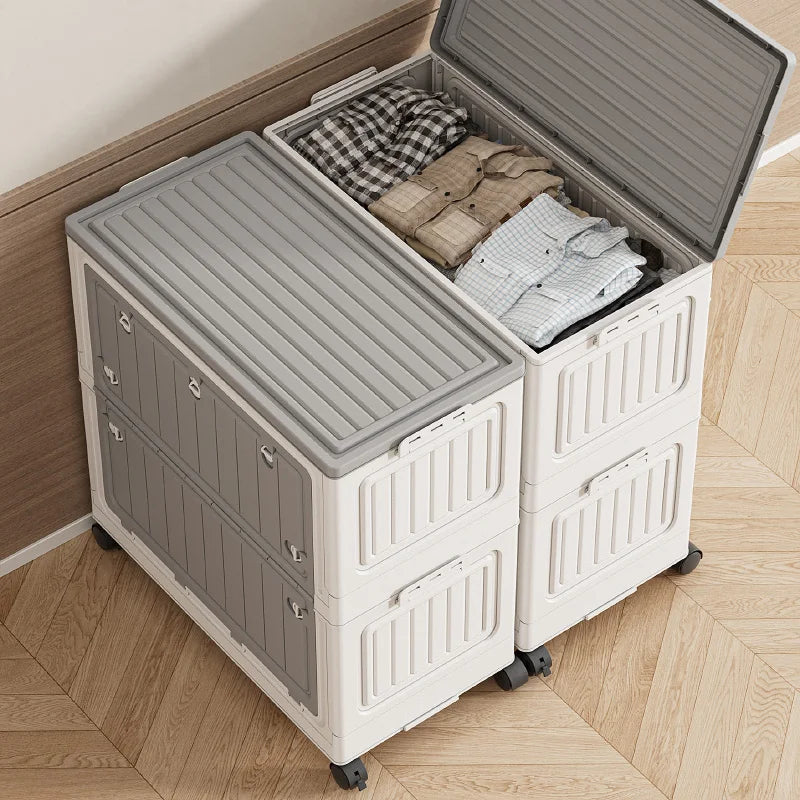 Foldable Storage Bin 70cm Large Capacity Transparent Organizer with Wheels - Gray