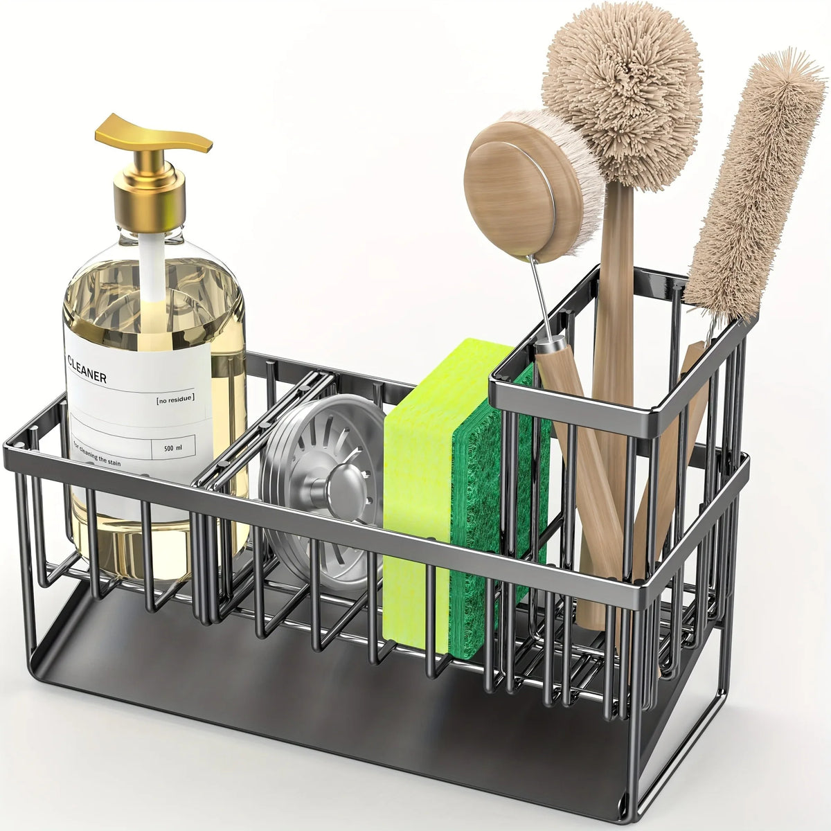 Sink Caddy 304 Stainless Steel Self Draining Sponge and Brush Holder - Black
