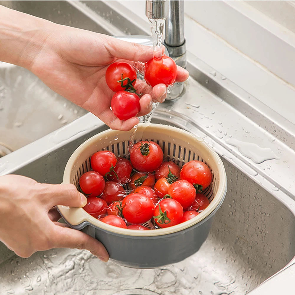 Double Layer Fruit and Vegetable Washing Basket Drain Tray – Green