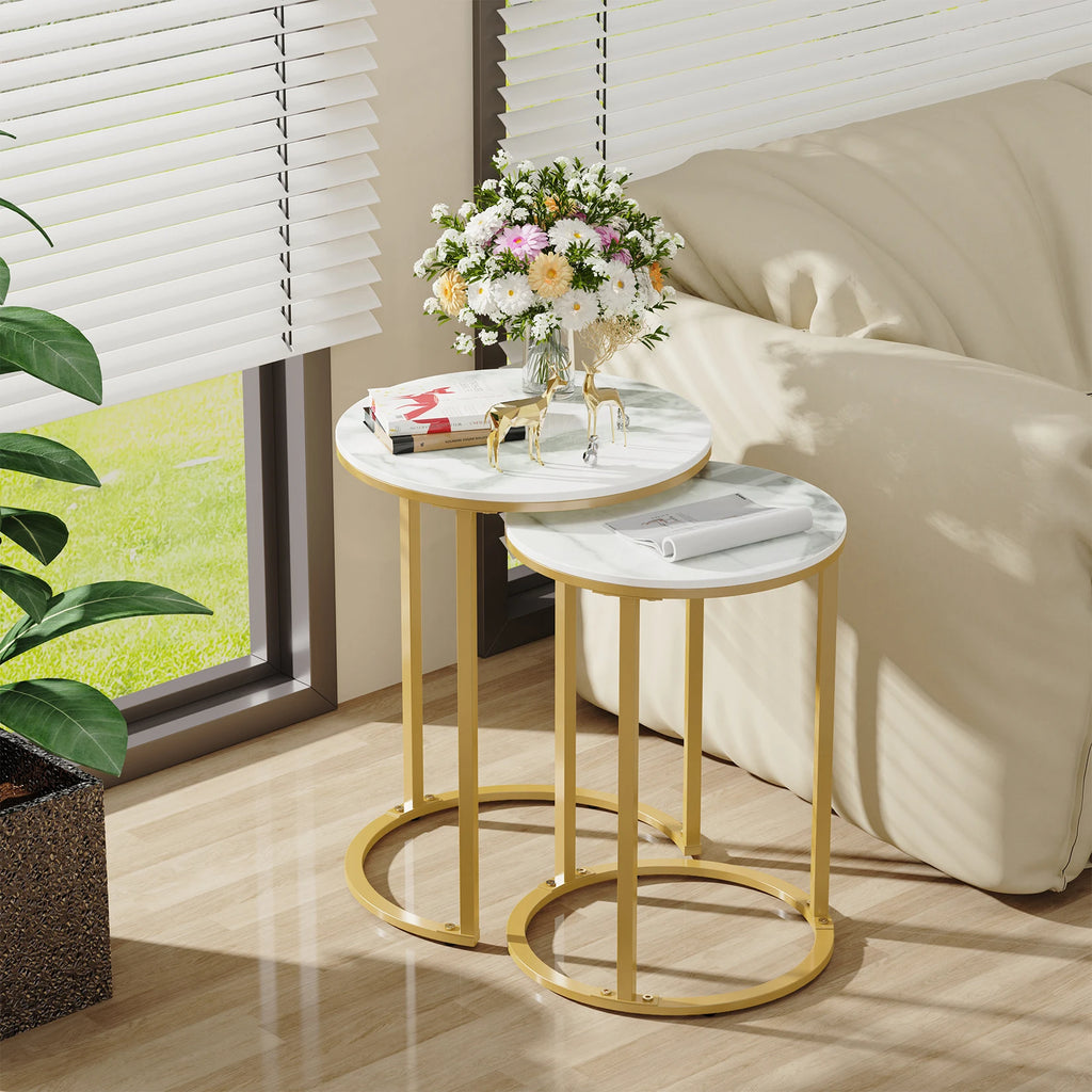 Nesting Side Table Set 2 Piece Sintered Stone Top Round Metal Base – Gold