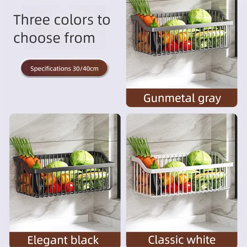 No Drill Wall Mounted Kitchen Storage Rack Metal Spice Organizer Vegetable Basket Shelf – Grey