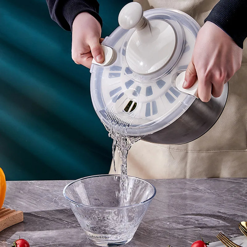 Salad Spinner 6L Stainless Steel Manual Vegetable Dryer Strainer Bowl – Silver