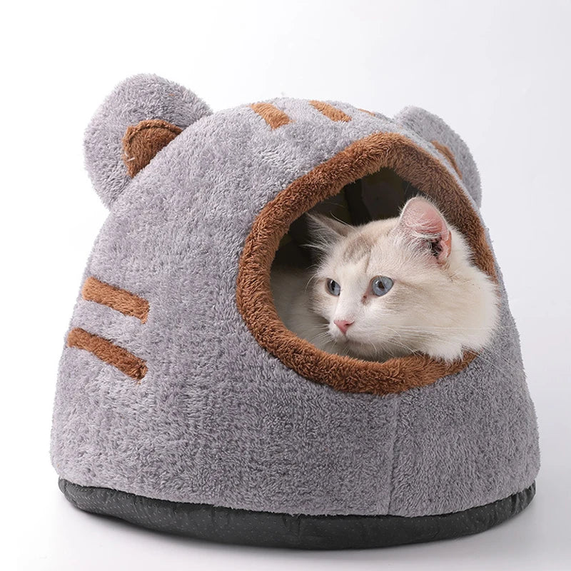 Pet Cave Bed Plush Bear Head Enclosed Indoor House with Removable Cushion - Brown