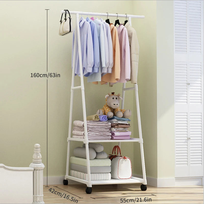 Clothes Rack with Wheels Foldable Multi Layer Storage Organizer Double Pole Hanging Rack - White