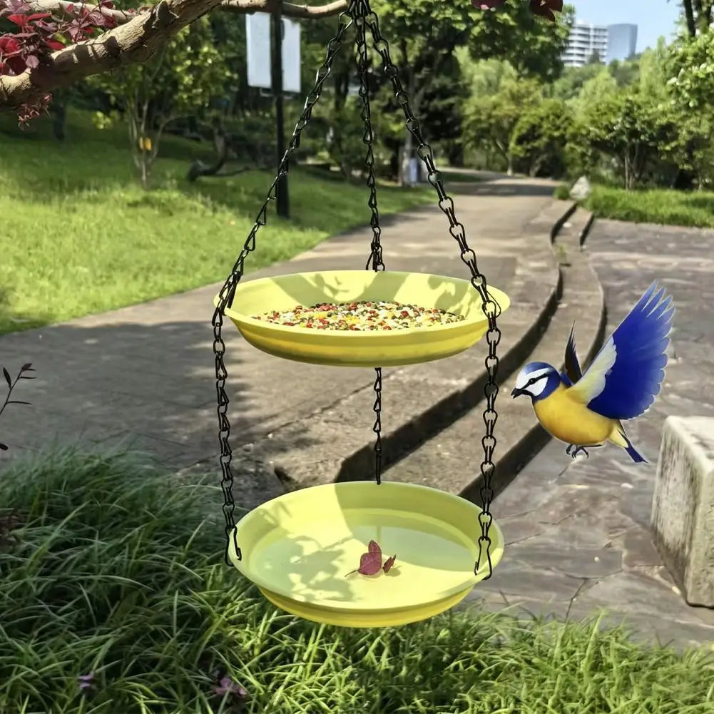 Outdoor Hanging Bird Bath and Double-Tier Bird Feeder Dish with Water Bowl and Chain – Green