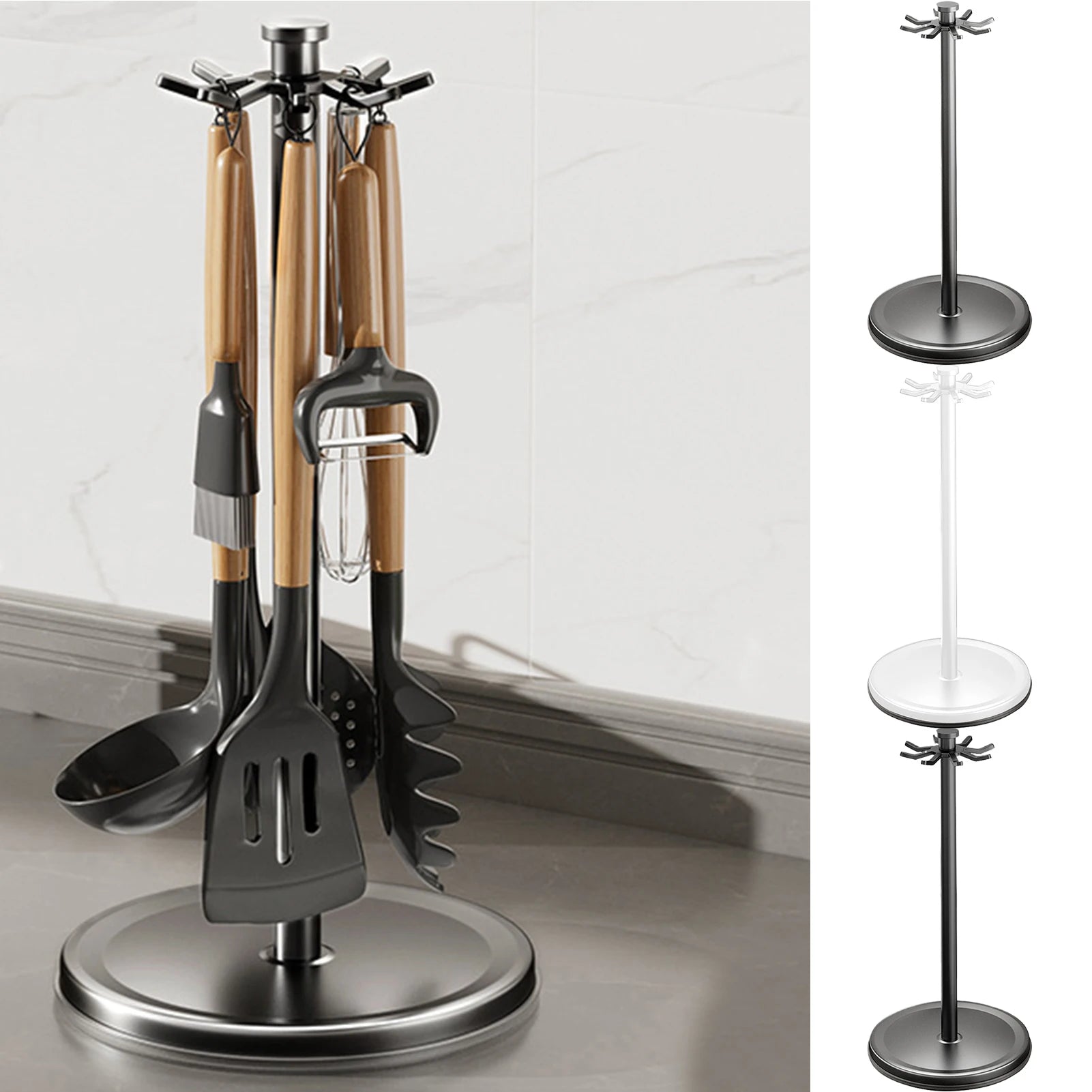 360° Rotating Kitchen Utensil Holder with 8 Hooks Countertop Cooking Tool Organizer Stand – White