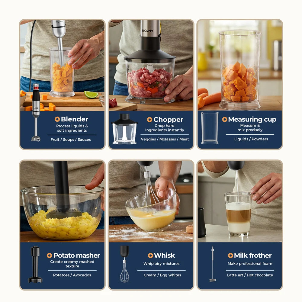 Powerful Immersion Blender – 1500W Handheld 6-in-1 Multi-Function Stick Blender – Stainless Steel 4-Blade – Stepless Speed Control