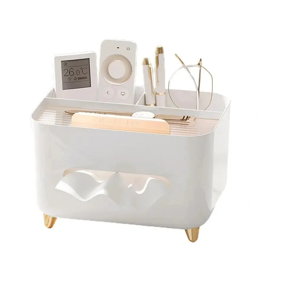 Tissue Box Holder with Storage Compartments and Remote Organiser ABS - White
