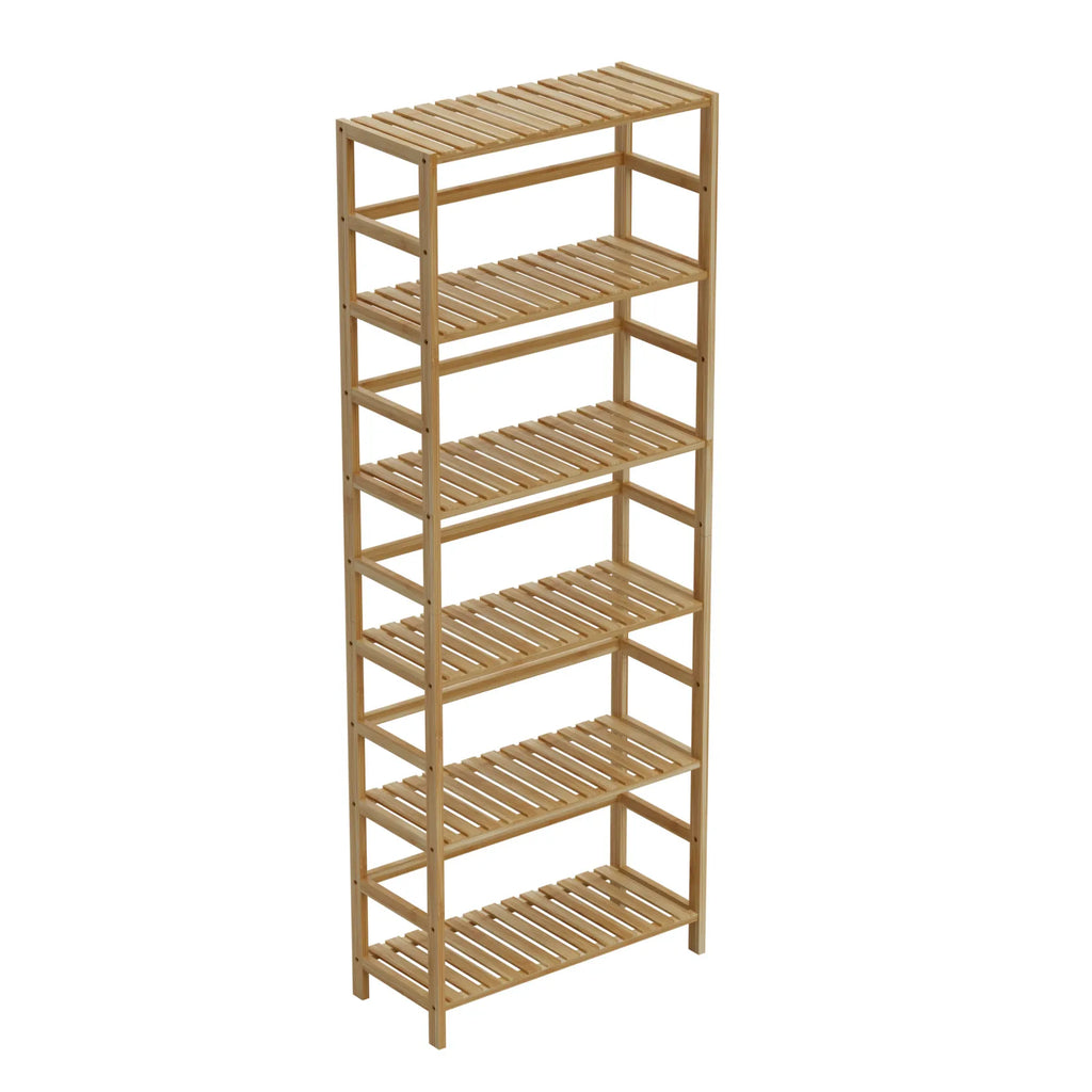 6 Tier Bamboo Storage Shelf Freestanding Bookcase Adjustable Shelving Unit for Living Room Bathroom and Kitchen – Natural Wood