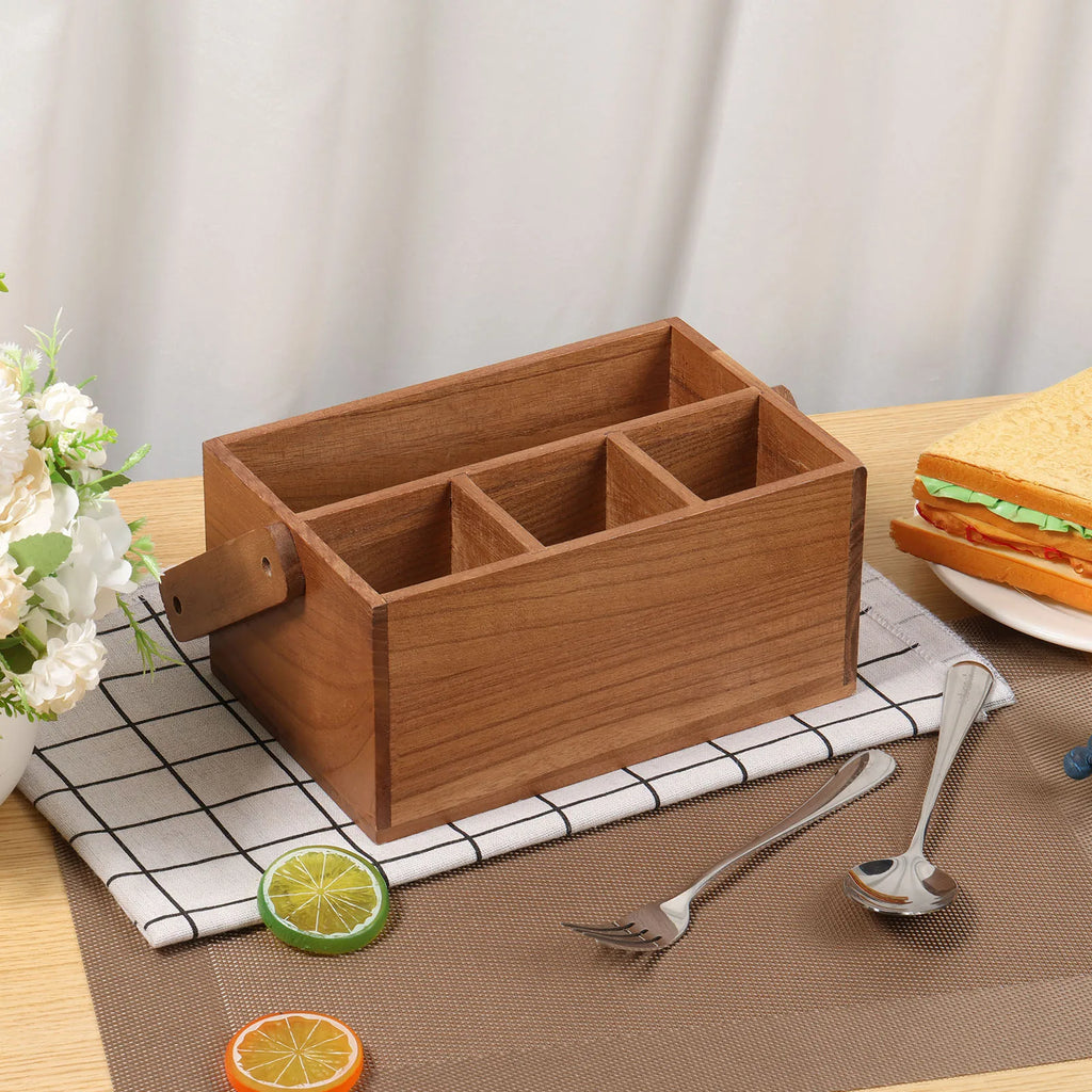 Wooden Utensil Holder 4 Compartments 23 cm Kitchen Storage Caddy with Carry Handle