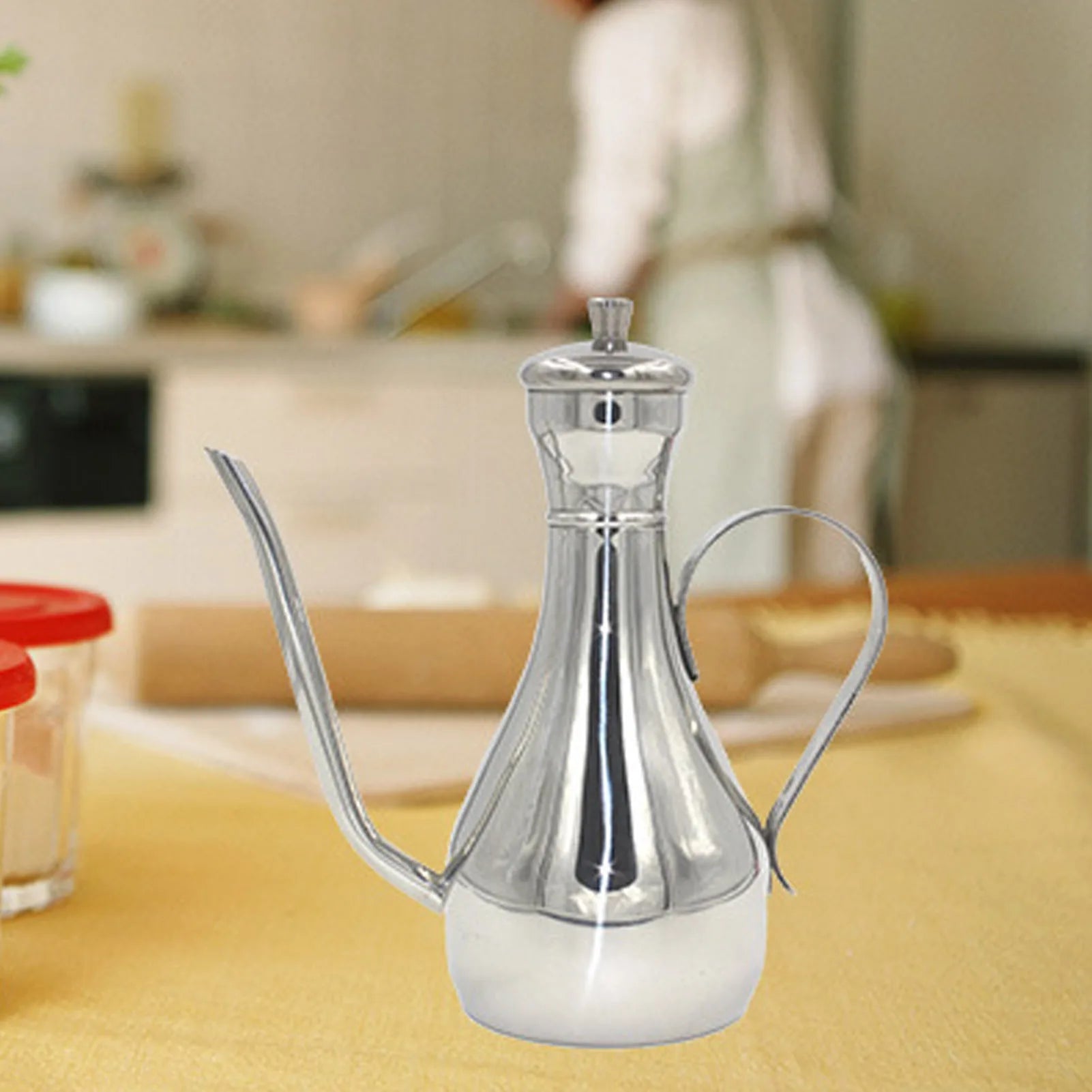Oil Dispenser Bottle 350mL Stainless Steel Leak Resistant Curved Spout Kitchen Pouring Pot