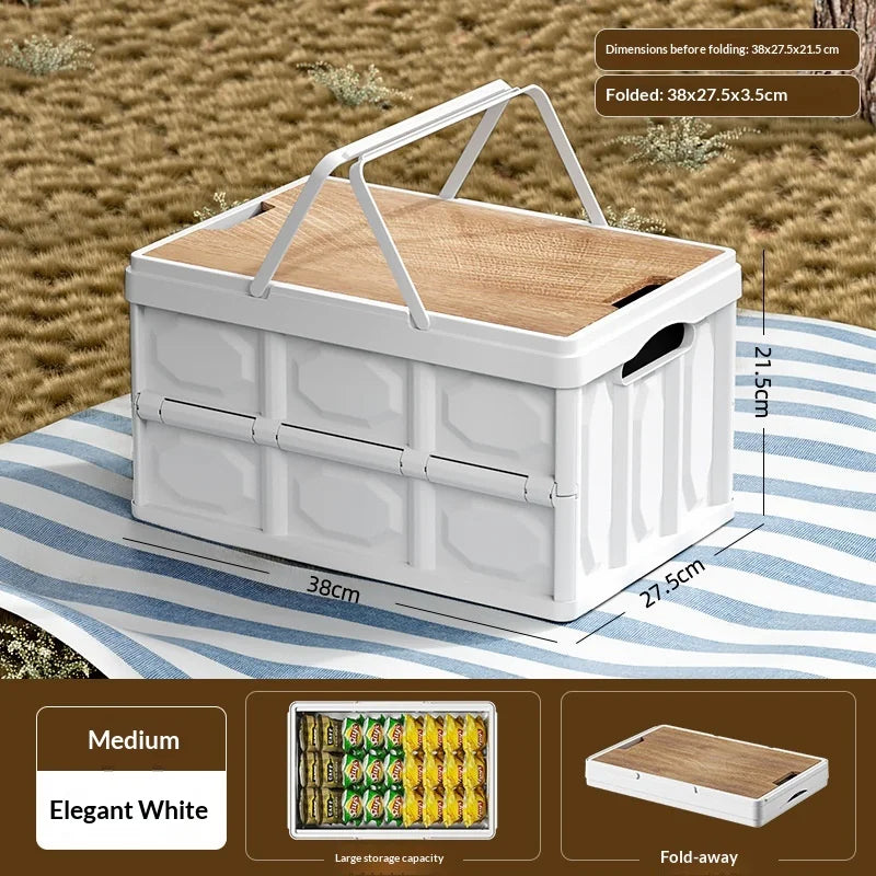 Foldable Camping Storage Box with Wooden Lid, Portable Stackable Organizer for Travel - White