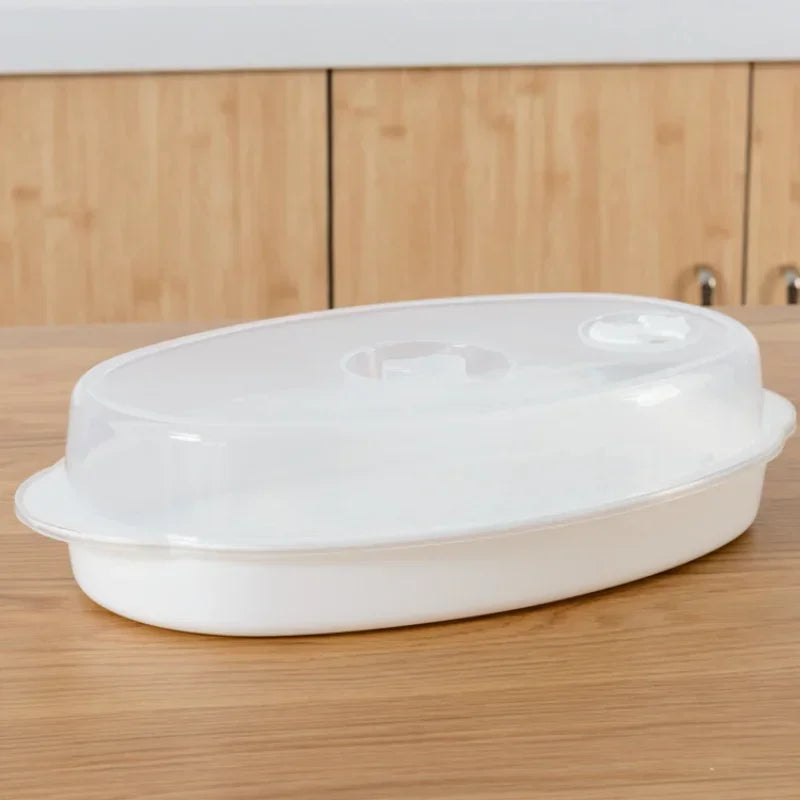 Microwave Steamer Plate with Lid Large Fish Steaming Tray Food Steamer – White