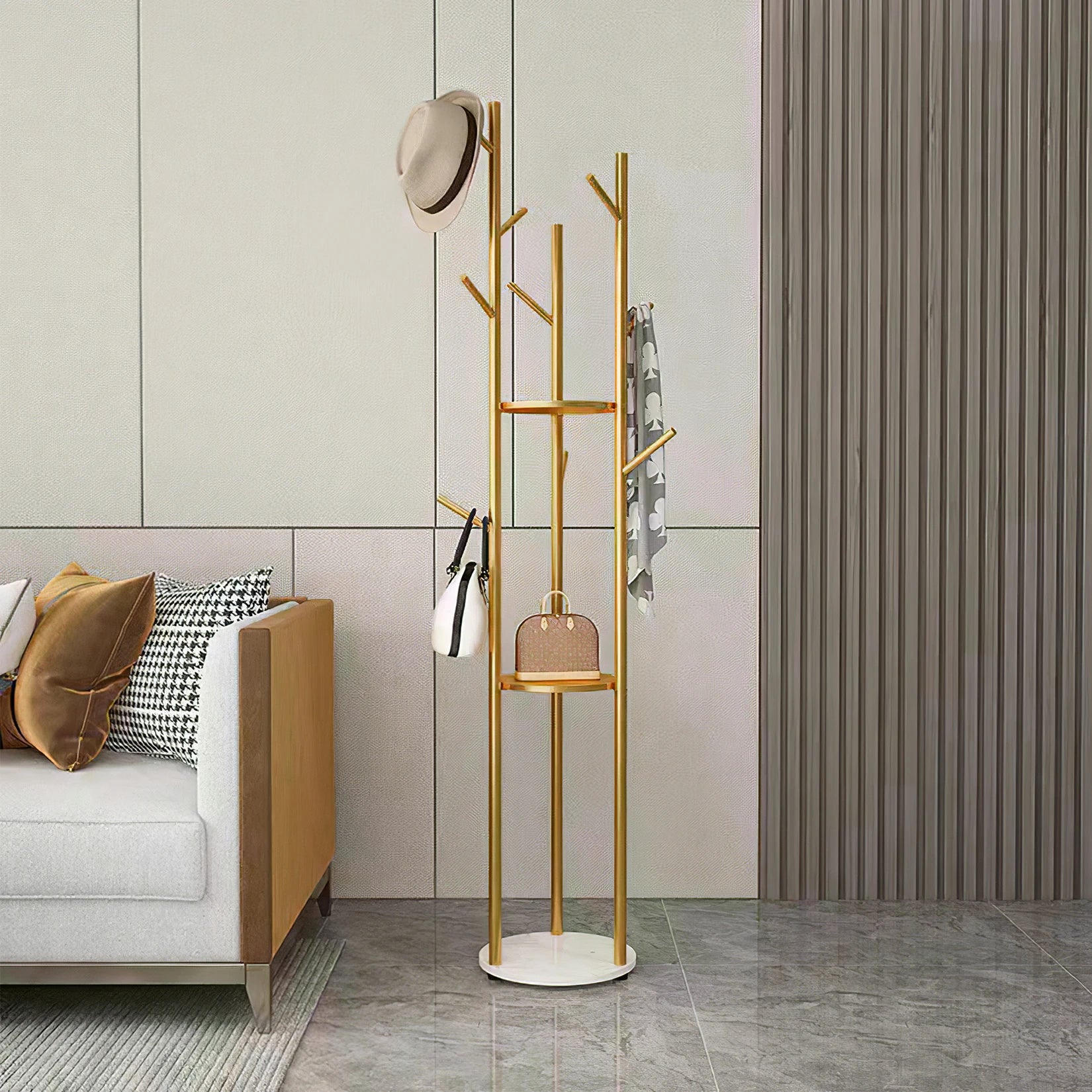 Coat Rack Stand 172cm Metal Hall Tree with Marble Shelf 9 Hooks Freestanding - Gold