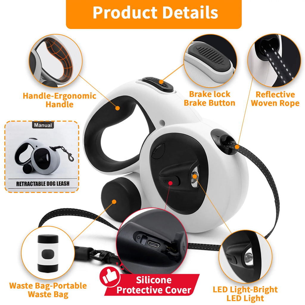 Dog Leash 4.9 m Retractable Rechargeable LED Light Steel Cable with Waste Bag Holder for Outdoor Walks