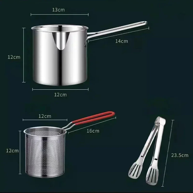 Deep Fryer Pot 12 cm Stainless Steel 3 Piece Set with Strainer and Clip for Induction Cooking