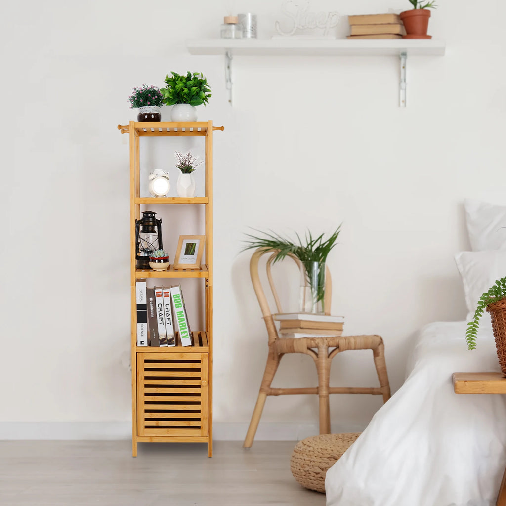 Freestanding Bamboo Bathroom Storage Cabinet Tall Slim Corner Shelf Organizer – Natural Wood