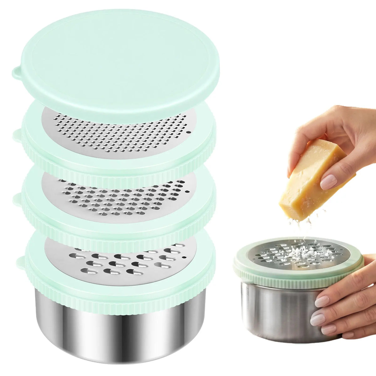 4-in-1 Cheese Grater Stainless Steel Food Shredder With Container – Green