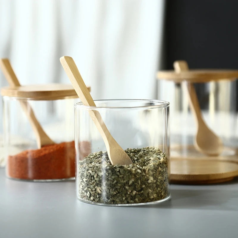 Spice Jar Set 3 Piece Glass 30 cm Bamboo Lid Containers with Spoons for Salt Sugar and Seasonings